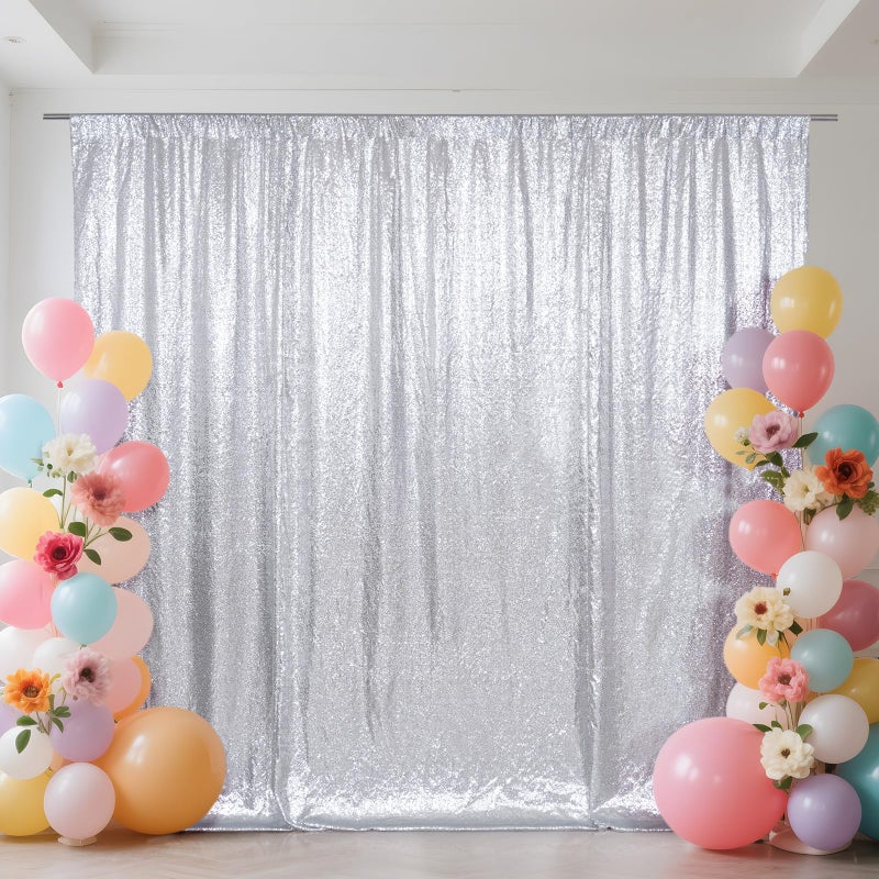 SquarePie Sequin Backdrop Not See Through Thick Stain Background for Photography Glitter Curtain Party 6FT x 8FT Silver - Image 1